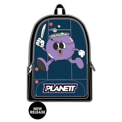 Cartoonish backpack with a cauldron character.