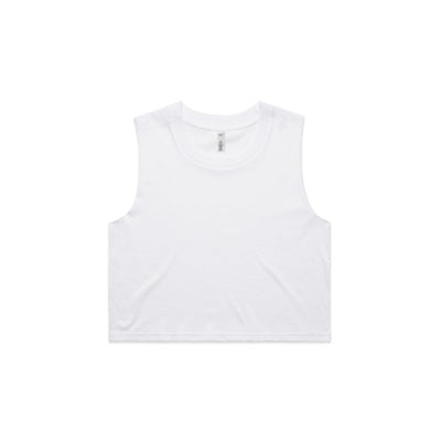 White sleeveless crop top with a simple round neckline and clean, minimalist design.