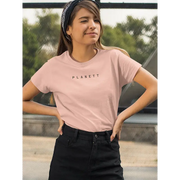 Pink t-shirt with black lettering.