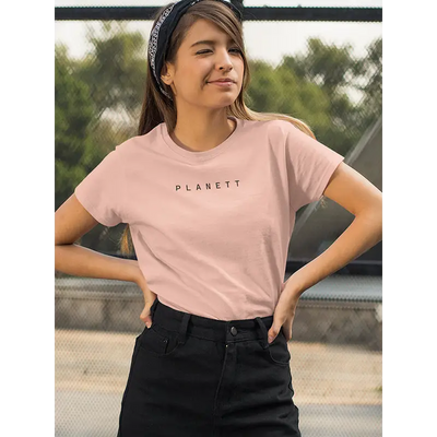 Pink t-shirt with black lettering.
