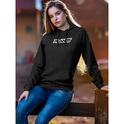 Black hoodie with white lettering.