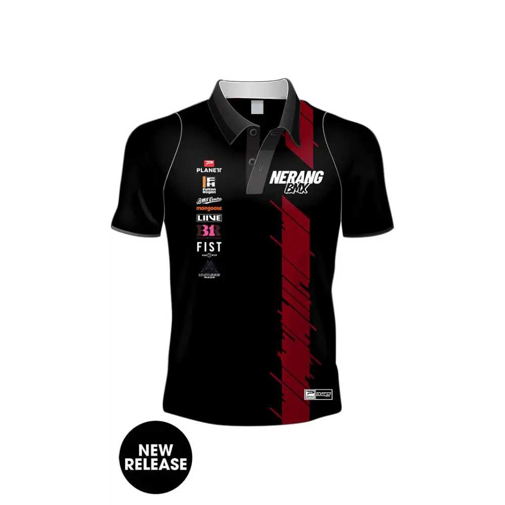 Black polo shirt with red stripe.