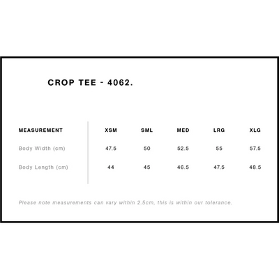 Crop tee size chart.