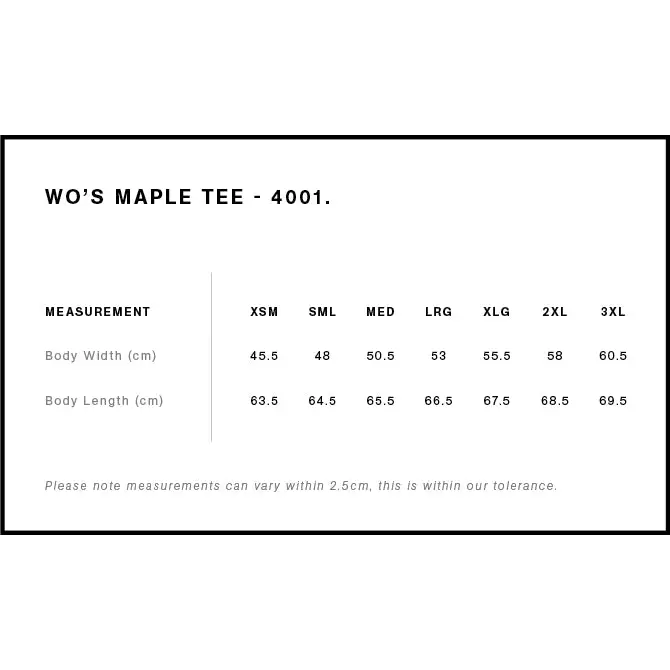 Clothing size chart.