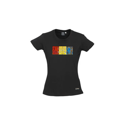Black women’s t-shirt with colorful graphic.