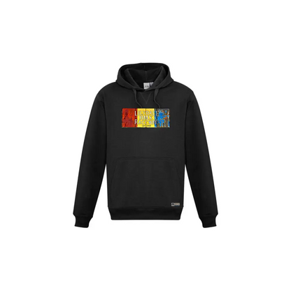 Black hooded sweatshirt with colorful graphic.