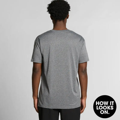 Gray t-shirt on a person.