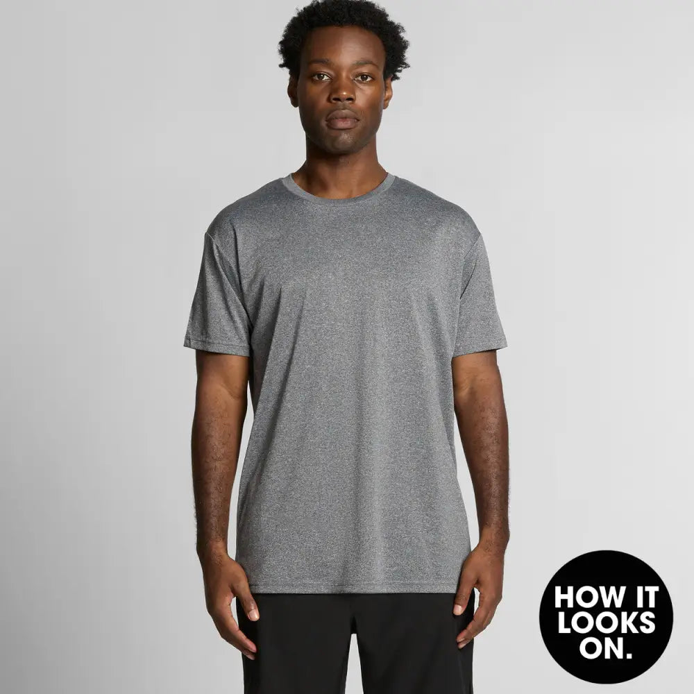 Gray short-sleeved t-shirt.