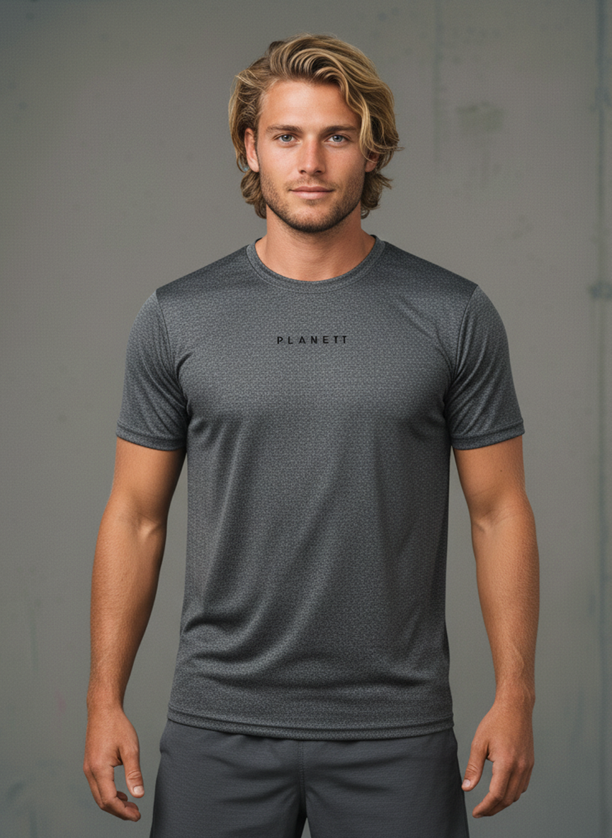 Men’s short-sleeved athletic t-shirt in dark gray with a subtle textured pattern.