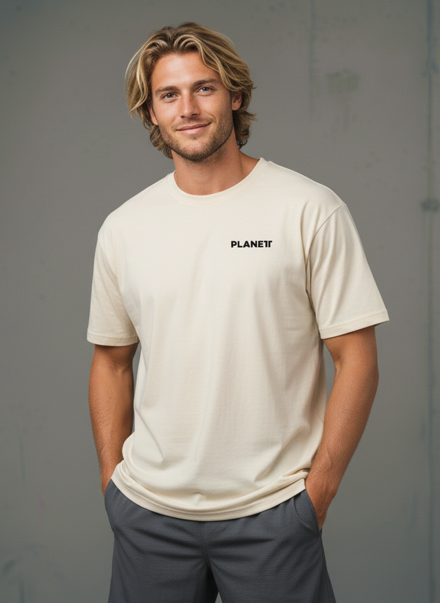 Men’s cream short-sleeve t-shirt with charcoal shorts