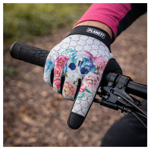 A vibrant floral-patterned cycling glove with a white base, black fingertips and wrist strap, featuring the ’planett’ brand logo.
