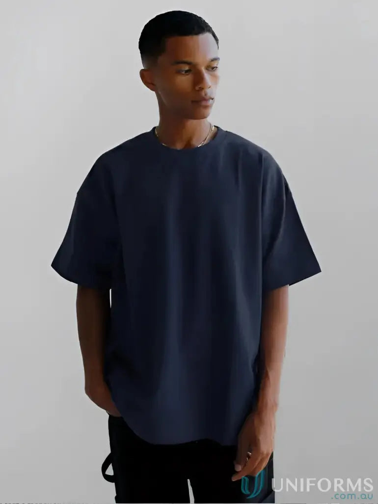 Navy blue oversized t-shirt with a relaxed fit and ribbed neckline.