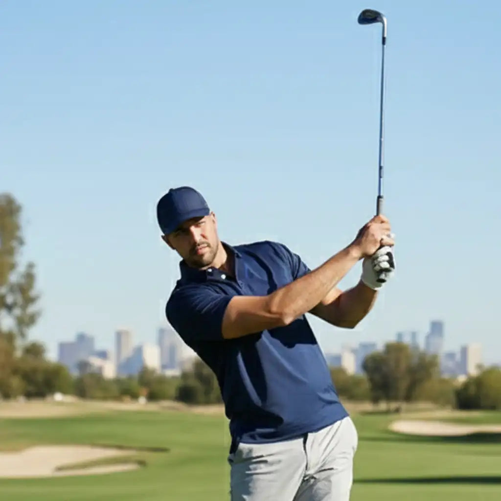 A man in a navy blue polo shirt and cap swings a golf club on a sunny day.