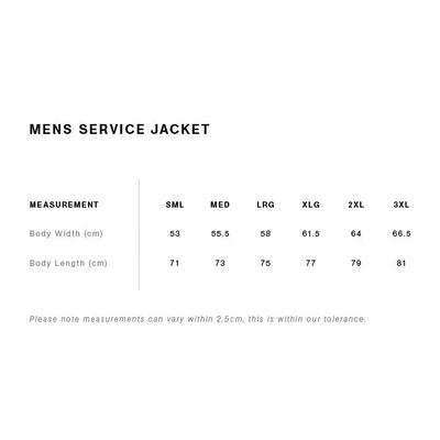 Men’s service jacket size chart.