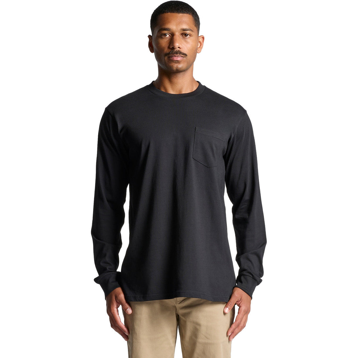 Charcoal gray long-sleeved crew neck t-shirt with pocket detail, likely made of cotton or polyester blend.