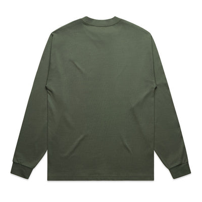Olive green long-sleeved t-shirt with a crew neck and ribbed cuffs.