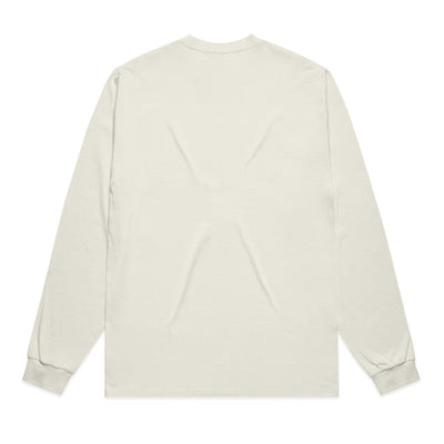 Cream-colored long-sleeved t-shirt with ribbed cuffs and hem, featuring a minimalist design.