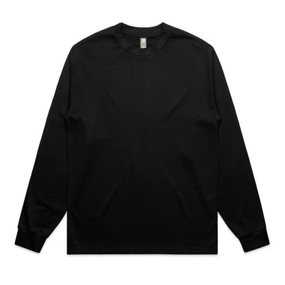 Black long-sleeved crew neck t-shirt with a ribbed neckline and cuffs, likely made of cotton or polyester blend.