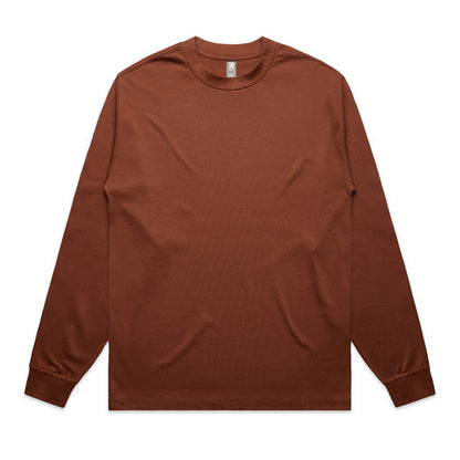 Rust-colored long-sleeved t-shirt with a crew neck and ribbed cuffs, likely made of cotton or polyester blend.