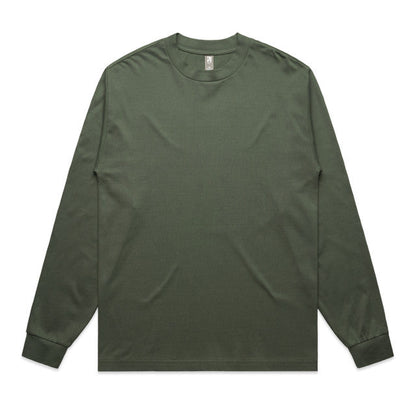 Olive green long-sleeved t-shirt with a crew neck and ribbed cuffs.