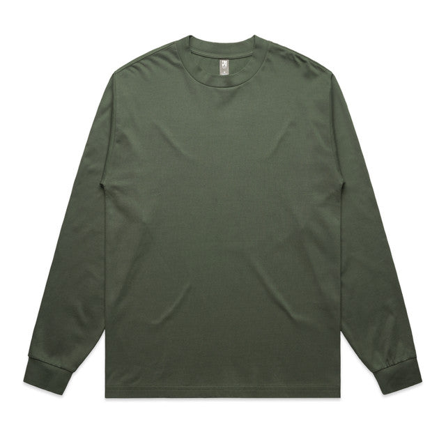 Olive green long-sleeved t-shirt with a crew neck and ribbed cuffs.