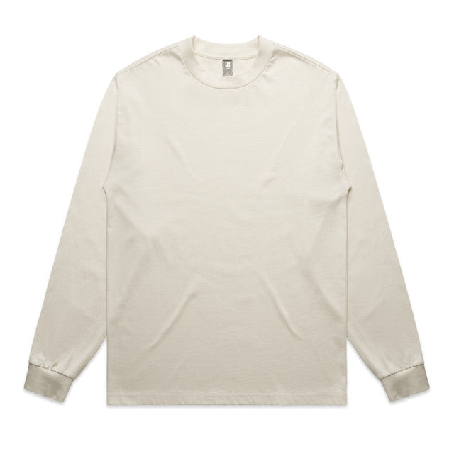 Cream-colored long-sleeved t-shirt with ribbed cuffs and hem, likely made of cotton or polyester blend.