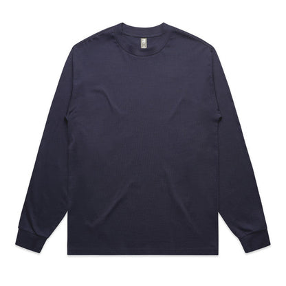 Navy blue long-sleeved t-shirt with a crew neck and ribbed cuffs.