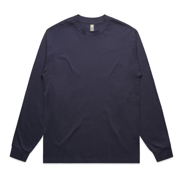 Navy blue long-sleeved t-shirt with a crew neck and ribbed cuffs.