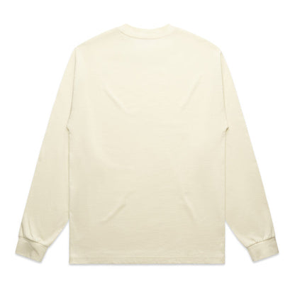 Cream-colored long-sleeved shirt with a pocket and ribbed cuffs.