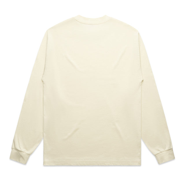 Cream-colored long-sleeved shirt with a pocket and ribbed cuffs.