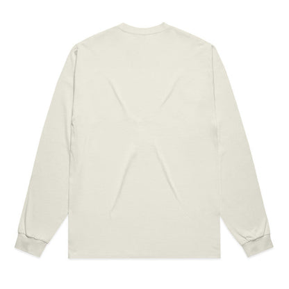 Cream-colored long-sleeved t-shirt with ribbed cuffs and hem, featuring a minimalist design.