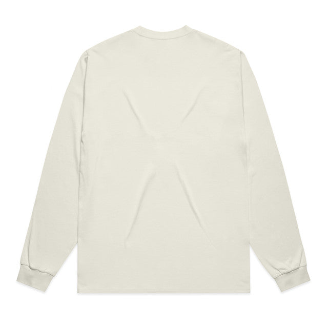 Cream-colored long-sleeved t-shirt with ribbed cuffs and hem, featuring a minimalist design.