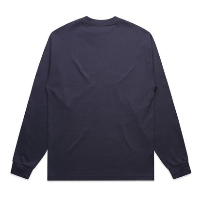 Navy blue long-sleeved t-shirt with a crew neck and ribbed cuffs.