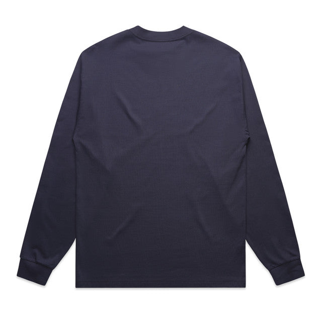 Navy blue long-sleeved t-shirt with a crew neck and ribbed cuffs.