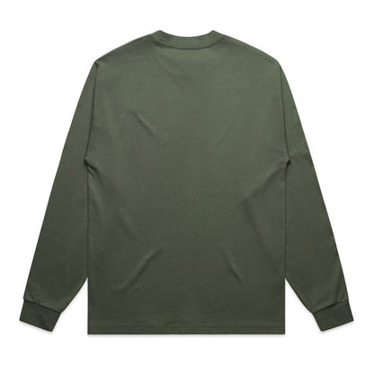 Olive green long-sleeved t-shirt with a crew neck and ribbed cuffs.