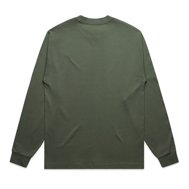 Olive green long-sleeved t-shirt with a crew neck and ribbed cuffs.