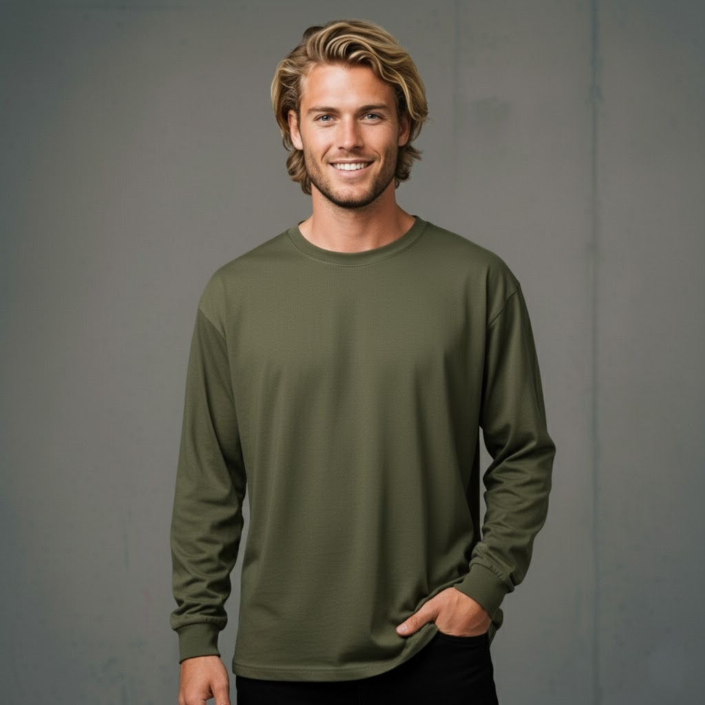 Olive green long-sleeved crew neck t-shirt with ribbed cuffs and hem, made of cotton.