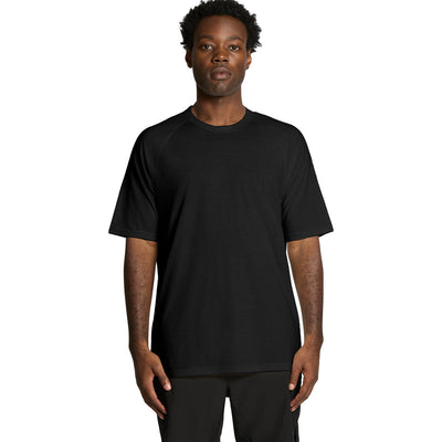 Black crew neck t-shirt with short sleeves and ribbed cuffs, made of cotton.