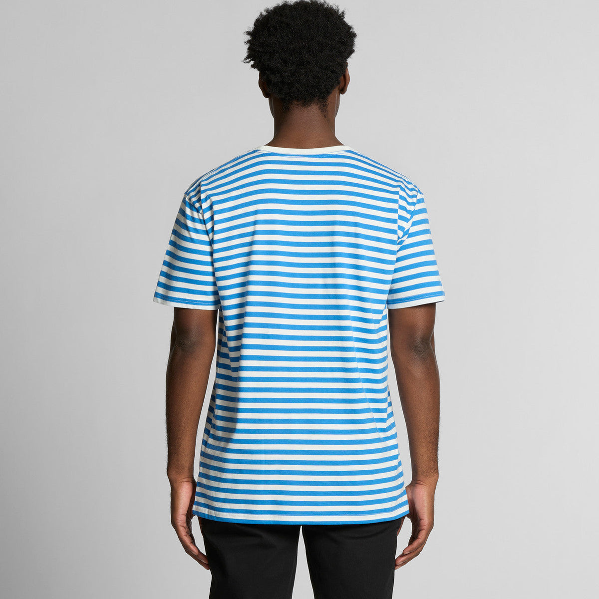 Blue and white striped t-shirt with a pocket on the back.