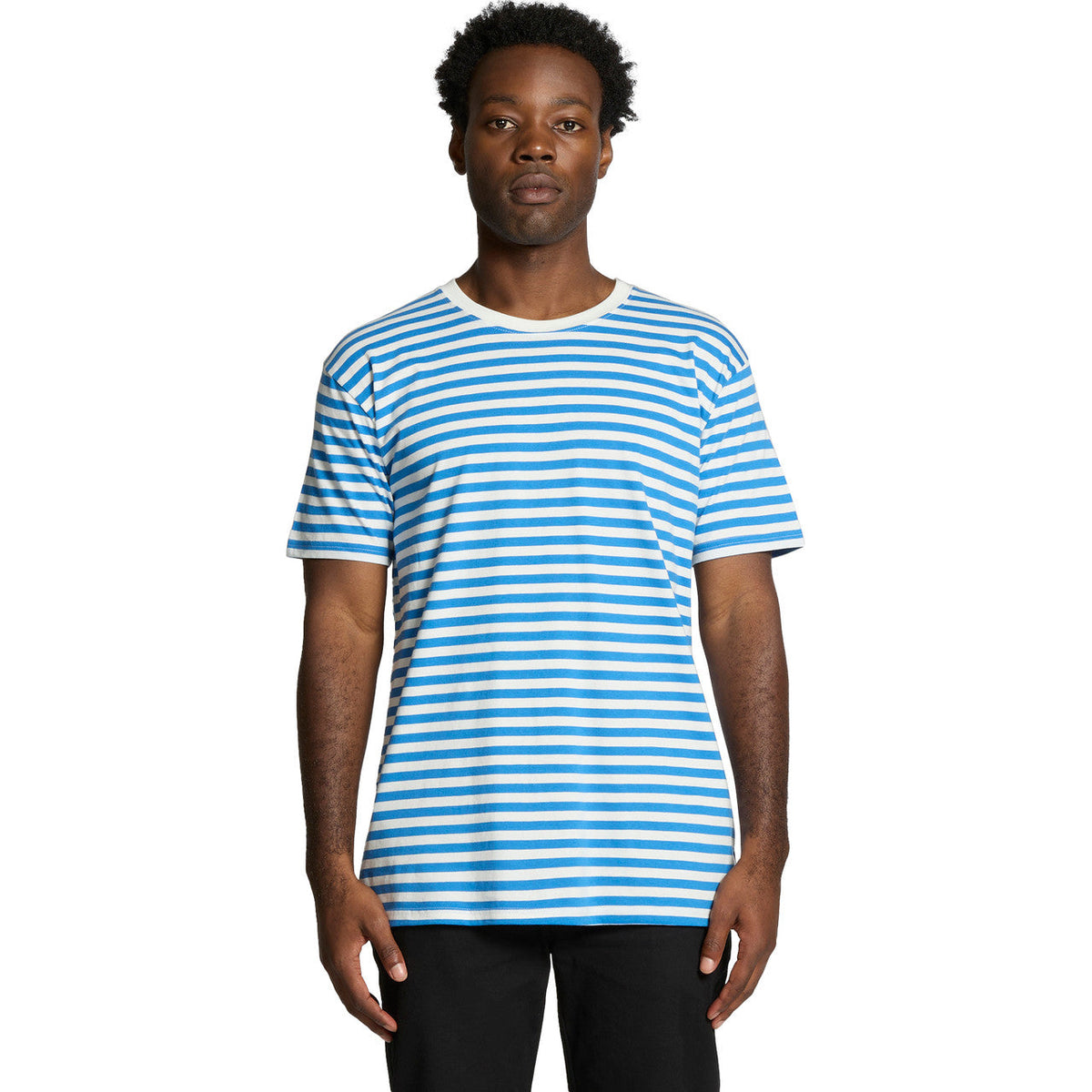 Blue and white striped t-shirt with a crew neck, short sleeves, made of cotton.