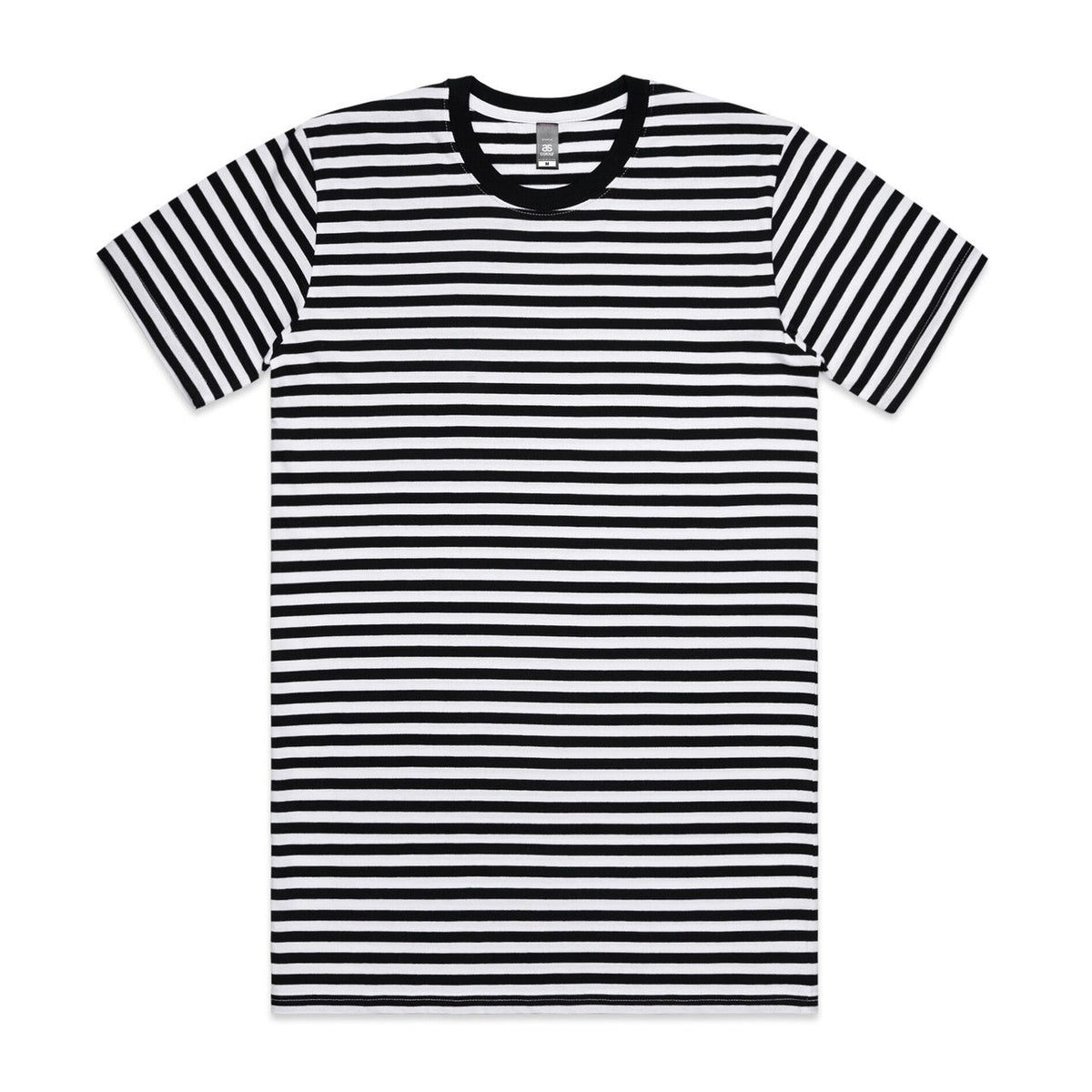 Black and white striped t-shirt with a crew neck, short sleeves, and ribbed cuffs.