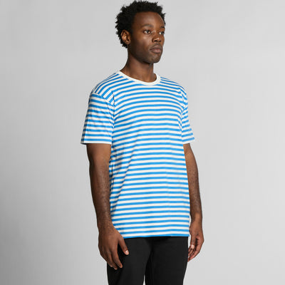 Blue and white striped t-shirt with short sleeves, crew neck, made of cotton.
