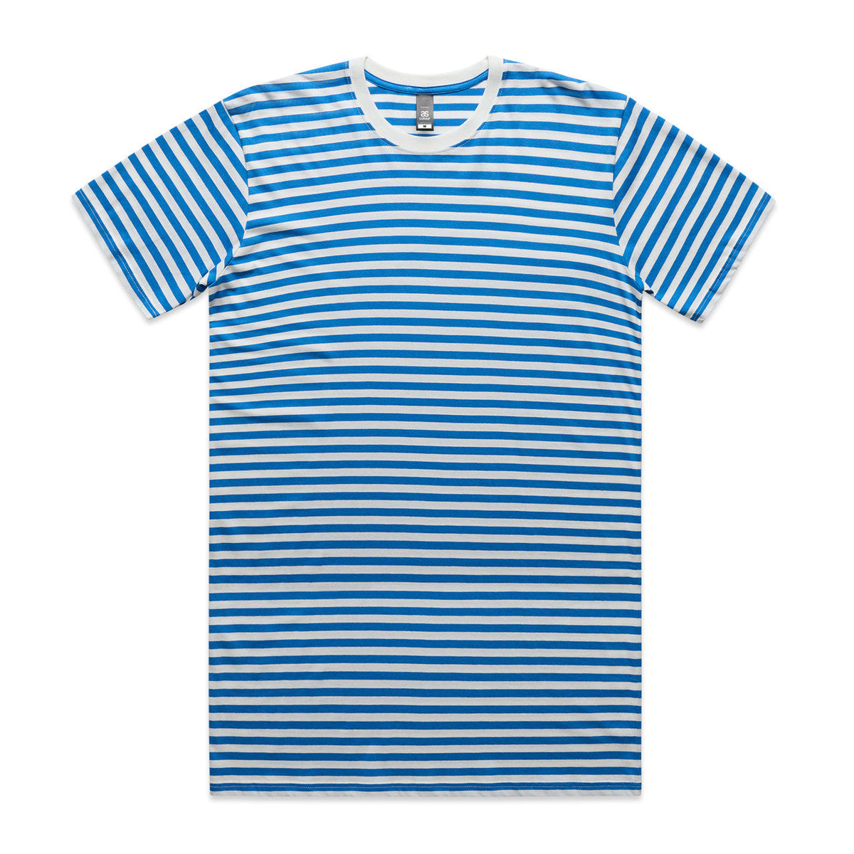 Blue and white striped t-shirt with a crew neck, short sleeves, and ribbed cuffs.