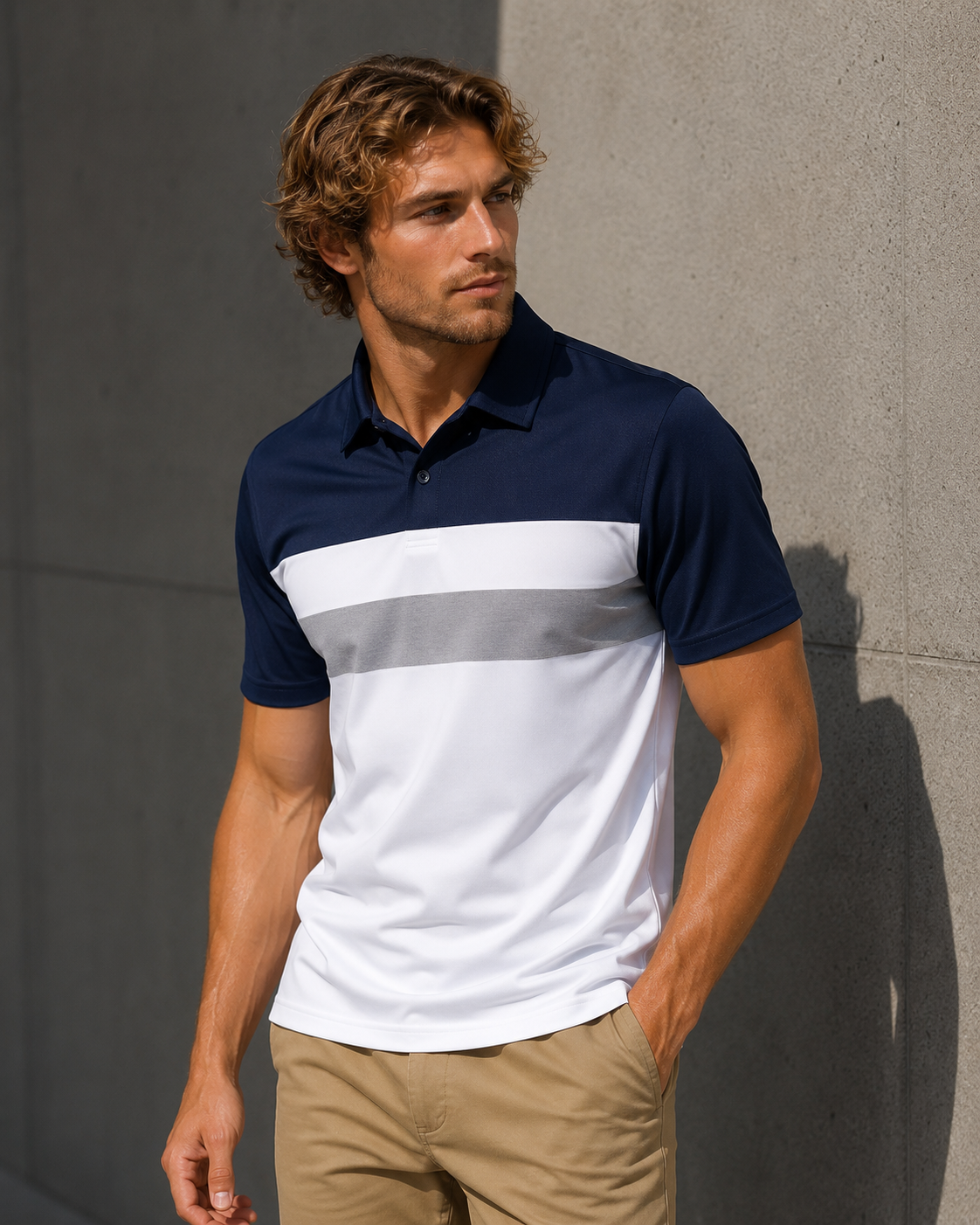 Man wearing a navy and white striped polo shirt against a gray wall.
