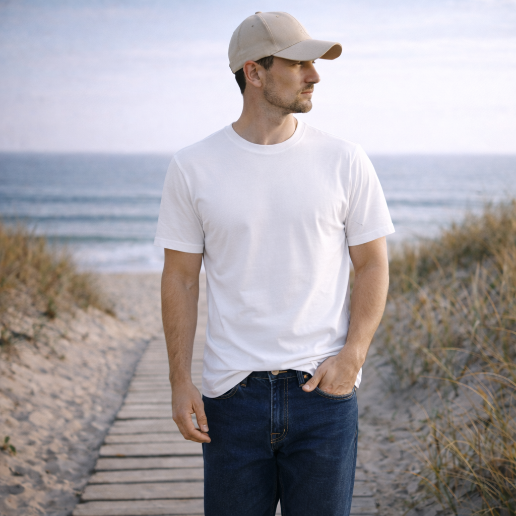 A man wearing a plain white cotton t-shirt and dark blue jeans.