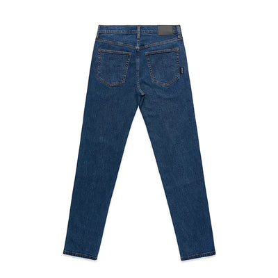 Dark blue denim jeans.