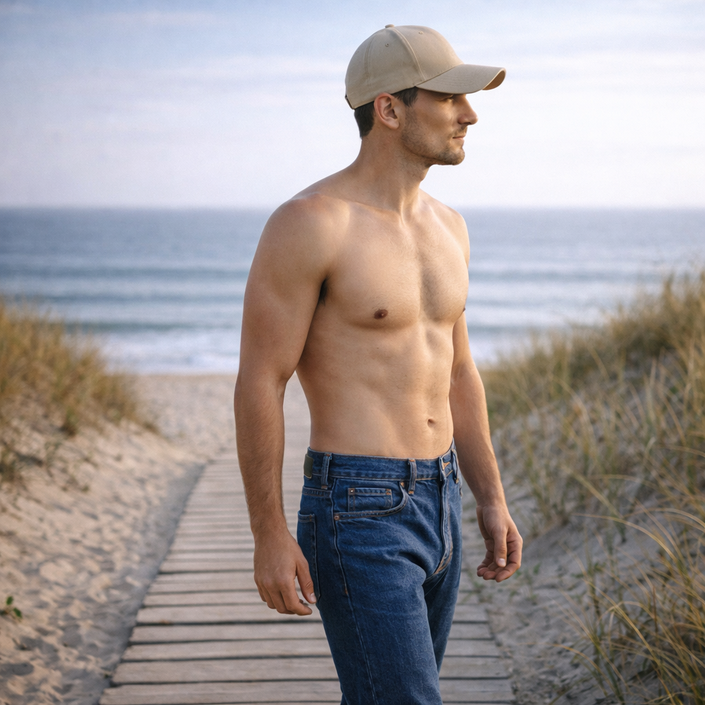 Beige baseball cap worn by a man on a beach.