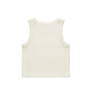 Sleeveless, cream-colored knit top.
