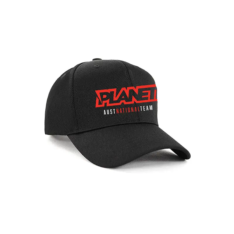 Black baseball cap with red lettering.