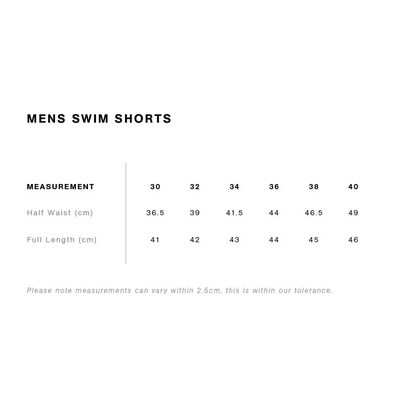 Men’s swim shorts size chart.